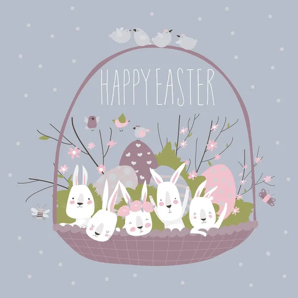 Cute cartoon bunny with Easter eggs and flowers — Stock Vector