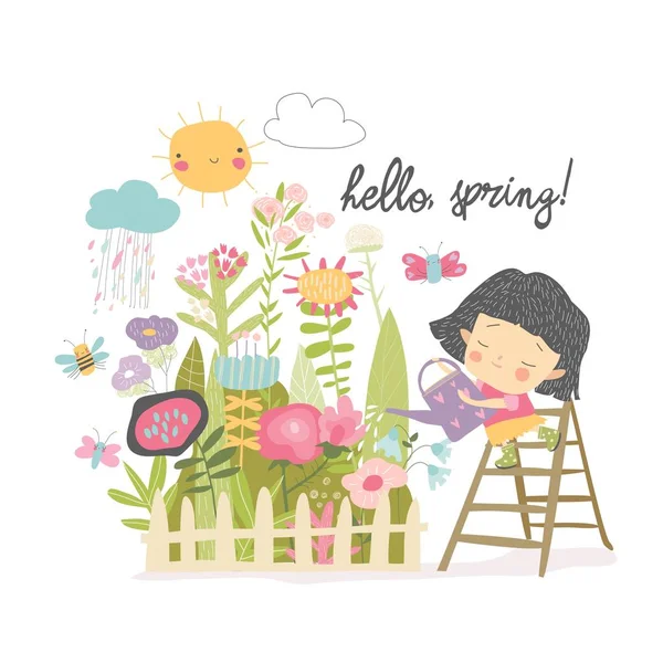 Fată fericită udarea florilor dintr-o cutie de udare în grădina lui — Vector de stoc