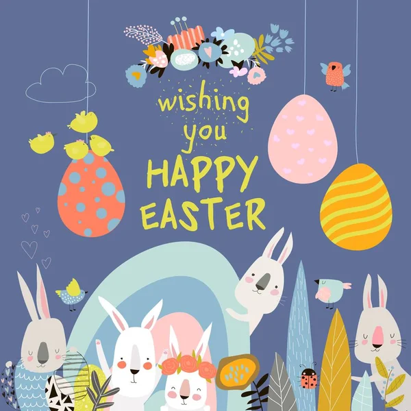 Roztomilý kreslený králíček s velikonočními vejci a květy — Stockový vektor