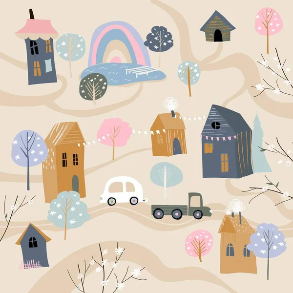 Cute little village with blossom trees in cartoon style — Stock Vector