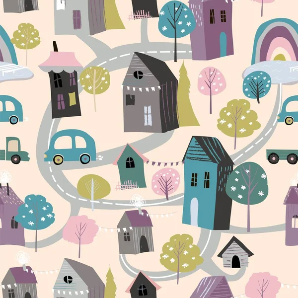 卡通风格的无缝图案与可爱的小村子 — 图库矢量图片