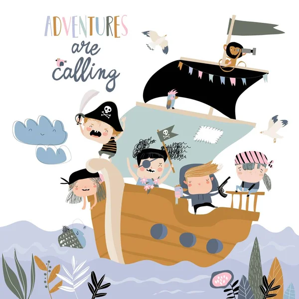 Cute kreskówki dzieci piraci żeglarstwo w ich statku — Wektor stockowy