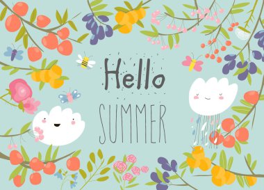 Dalda yetişen tatlı meyvelerin çerçevesi. Merhaba yaz.