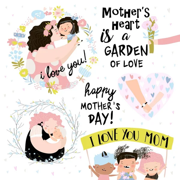 Σύνολο χαριτωμένων εικονογραφήσεων για την Ημέρα της Μητέρας σε στυλ κινουμένων σχεδίων — Διανυσματικό Αρχείο