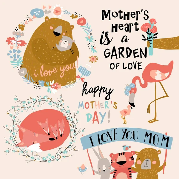 Комплект милых иллюстраций ко Дню матери в мультяшном стиле — стоковый вектор