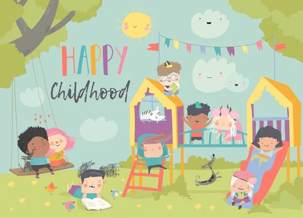 Happy children playing at playgroung. Hello summer — Stock Vector