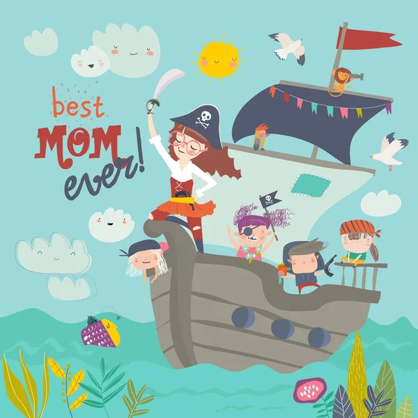 Милый пират-мать плавает со своими детьми на корабле — стоковый вектор
