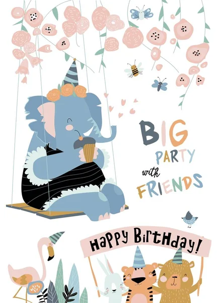 Мультфильм праздничная открытка со смешным слоном. С днем рождения! — стоковый вектор