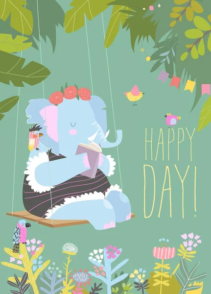 Mignon dessin animé éléphant lecture livre et balançant sur swing — Image vectorielle