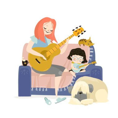 Annesinin kızıyla gitar çalarkenki görüntüsü.