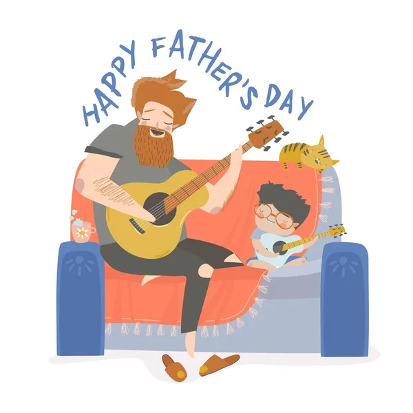Ilustração vetorial de pai tocando guitarra com seu filho — Vetor de Stock