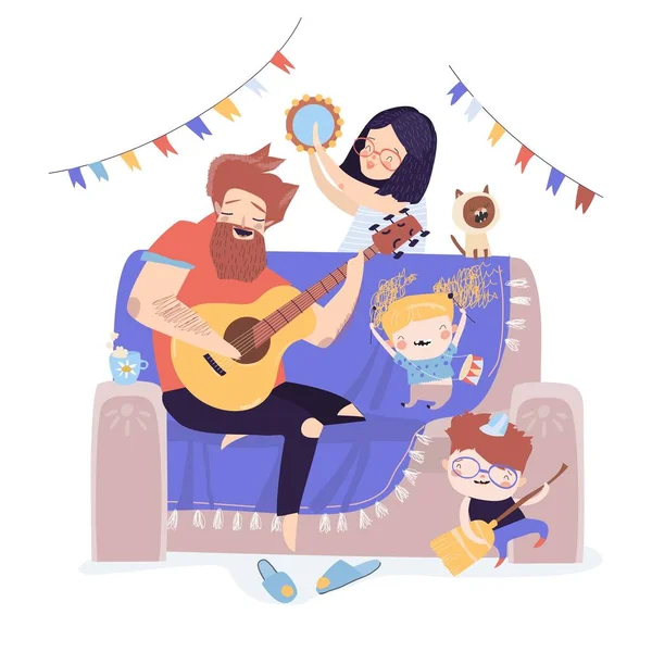 Illustration vectorielle d'une famille heureuse jouant de la musique ensemble — Image vectorielle