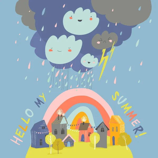 Pequeña ciudad de dibujos animados en la tormenta de verano. Hola verano — Vector de stock