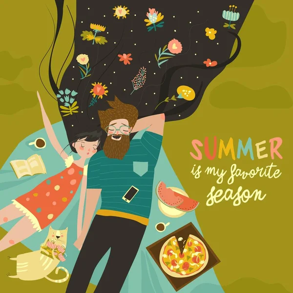 Happy couple in love lying on the meadow grass — Stock Illustration Happy couple in love lying on the meadow grass Vector Graphics