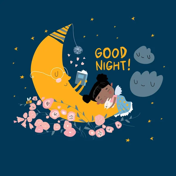 Aranyos lány alszik a Holdon a csillagok között. — Stock Vector
