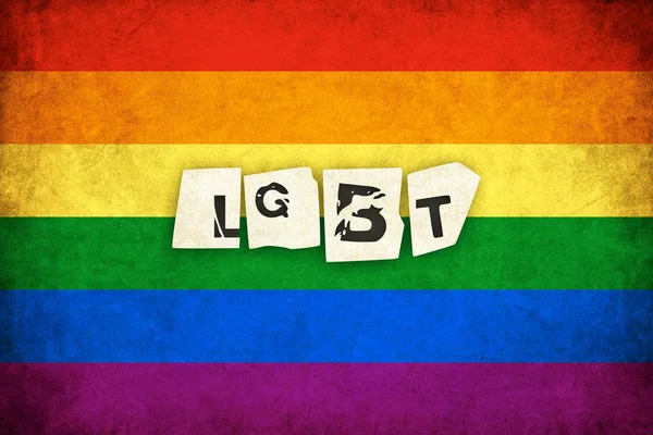 男同性恋和女同性恋者与文本的 grunge 彩虹旗插图 — 图库照片