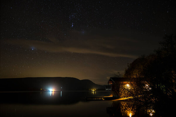 Orion rising over Ullswater & the Duke of Portland boathouse