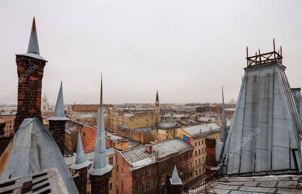 Winter gothic roof with spiers in Saint-Petersburg, Russia, Vasilievsky island