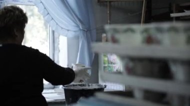 Siyah ceketli bir kadın küçük bir tabağı kremalı siyah bir kaseye daldırıyor. Bir tabak çıkardı ve salladı. Dikiz aynası. Ortalama bir plan. Gri Tonlama.