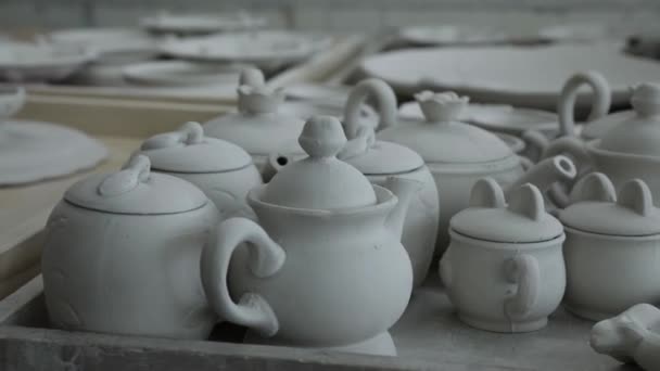 Clay Workshop Billets Teapots Welding Sugar Bowl Panorama Close Grayscale — Stock Video