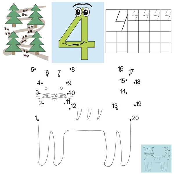 Tarea para niños en matemáticas. Figura cuatro. Conecta puntos y colorea al gato . — Archivo Imágenes Vectoriales