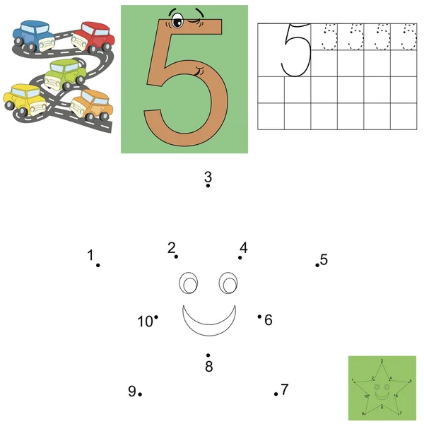 Tarea para niños en matemáticas. La cifra de cinco. Conecta puntos y pinta una estrella — Archivo Imágenes Vectoriales