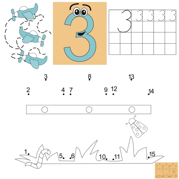 Compito per i bambini in matematica. Figura tre. Collegare i punti e dipingere la recinzione . — Vettoriale Stock