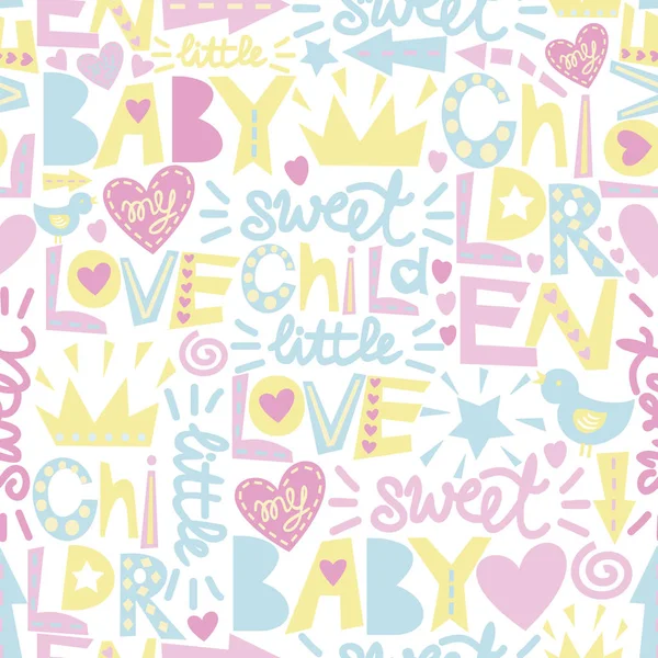 Patrón de bebé suave con palabras e inscripciones Amor, Bebé, Dulce . — Vector de stock