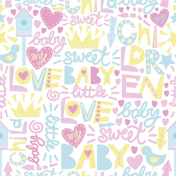 Delikatne dziecko wzór słowami i napisy: miłość, Baby, słodki. — Wektor stockowy
