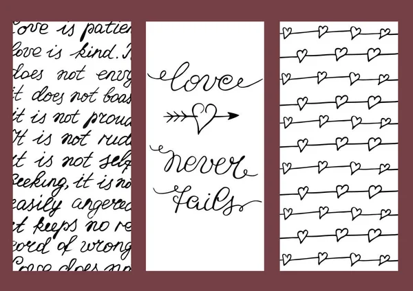 Fondo con tres imágenes con letras de mano El amor nunca falla . — Vector de stock