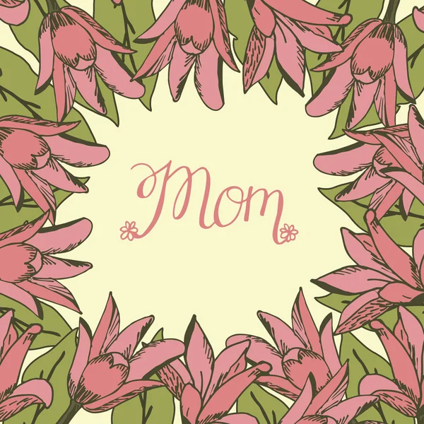 Letras hechas a mano mamá sobre fondo floral . — Vector de stock