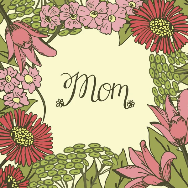 Hand lettering mamma gjort på blommig bakgrund. — Stock vektor