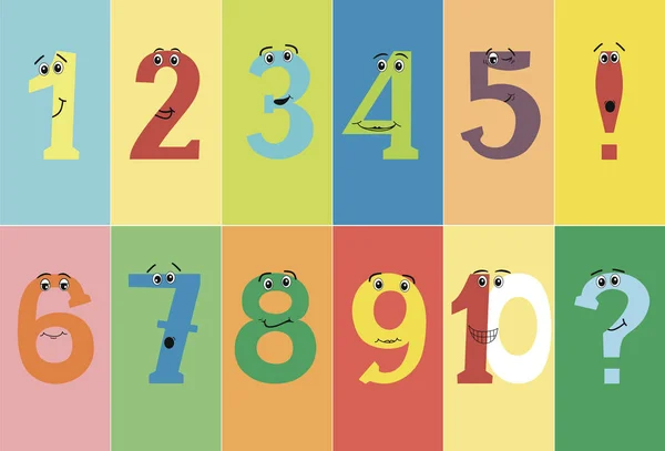 Colorful funny numbers from one to ten with eyes and positive emotions. — Stock Vector