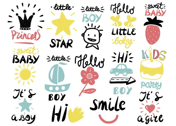 14 børn s logo med håndskrift Lille dreng, Det er en pige, Hej, Prinsesse, Smil, Sød baby, Hej, Stjerne . – Stock-vektor