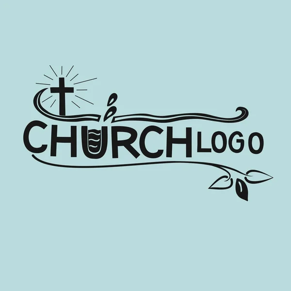 Church logo with cross and leaves in black color — Stock Vector