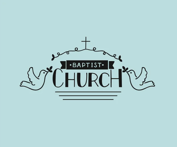 Logotipo da igreja com letras de mão e cruz e pombos . — Vetor de Stock