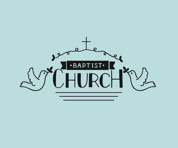 Church logo with hand lettering and cross and pigeons.
