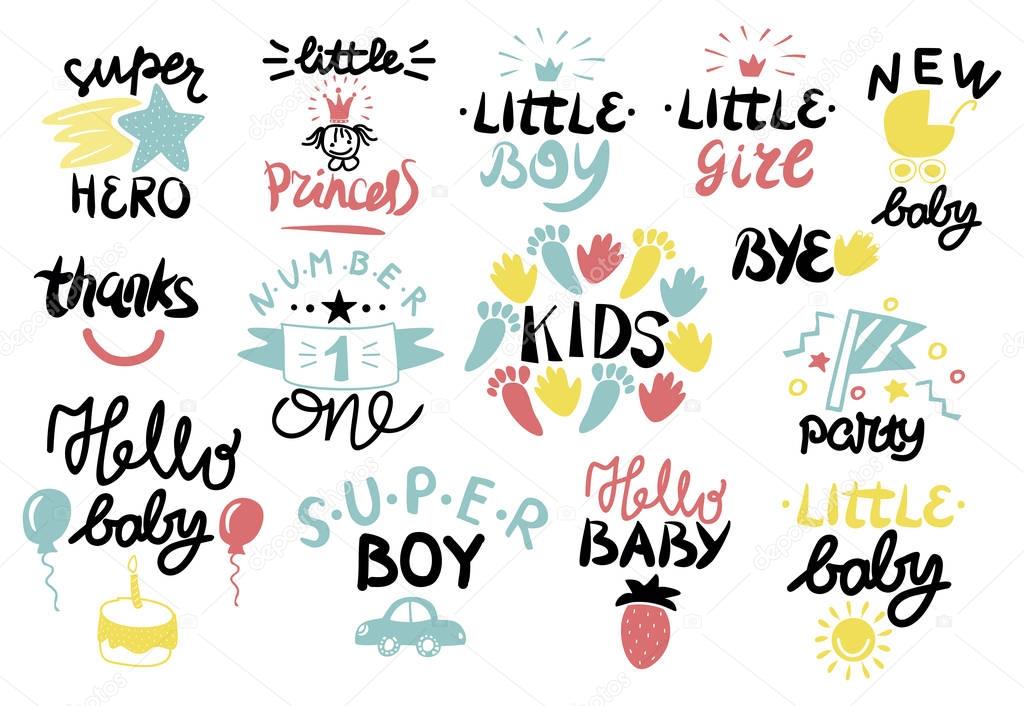 14 children logo with handwriting Little boy, girl, BYE, Princess, Hello baby, Super hero, Party, Number one, Thanks. Kids background Poster Emblem Card