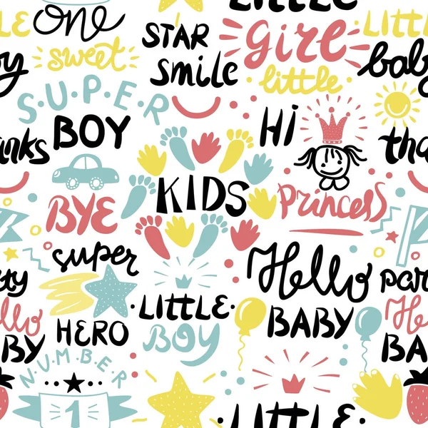 Seamless baby pattern with words and inscriptions Princess, Baby, Boy, Girl, Hero, Number one. — Stock Vector