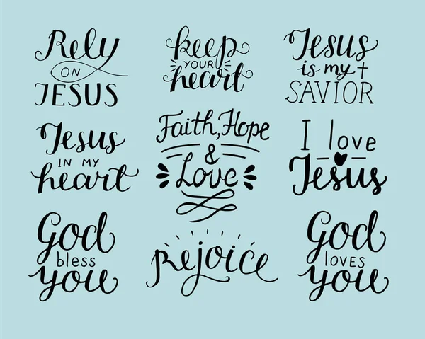 Set of 9 Hand lettering christian quotes God bless you. Rely on Jesus. Rejoice. Faith, hope, love. Keep your heart. — Stock Vector