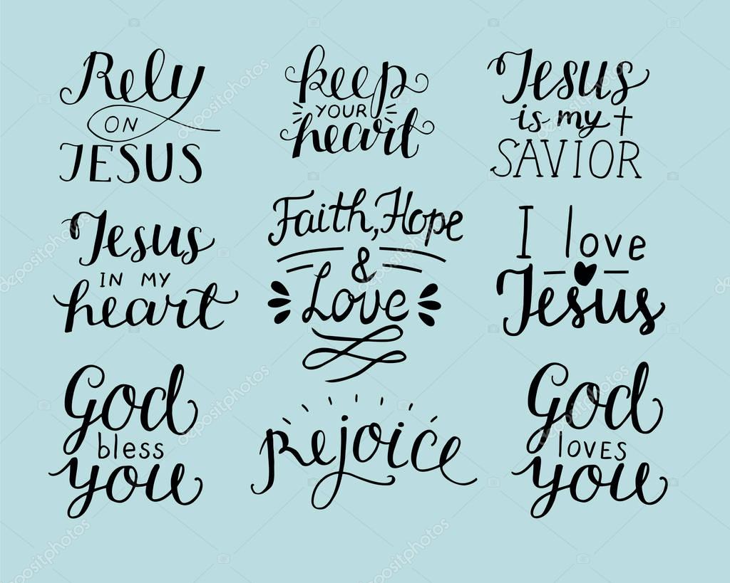 Set of 9 Hand lettering christian quotes God bless you. Rely on Jesus. Rejoice. Faith, hope, love. Keep your heart. Biblical background. Poster. Modern calligraphy Card Scripture