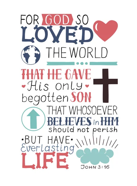 Golden Bible verse John 3 16 For God so loved the world, made hand lettering with heart and cross. — Stock Vector