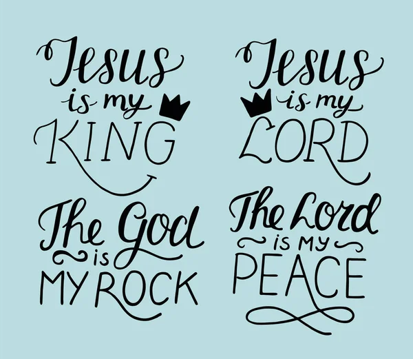 Set de 4 Letras de Mano Citas Cristianas Jesús es mi Rey, Señor, Roca, Paz  . — Vector de stock