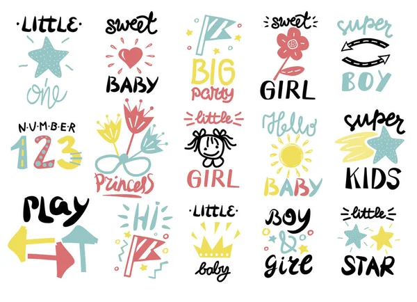 Conjunto de 15 crianças logotipo com caligrafia Menino, Doce menina, Oi, Princesas, Bebê, Olá, Um, Jogar, Super, Número, Estrelas . —  Vetores de Stock