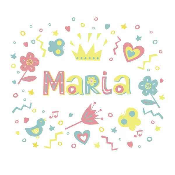 El nombre MARIA escrito en una bonita fuente rodeada de flores, corazones, mariposas . — Vector de stock