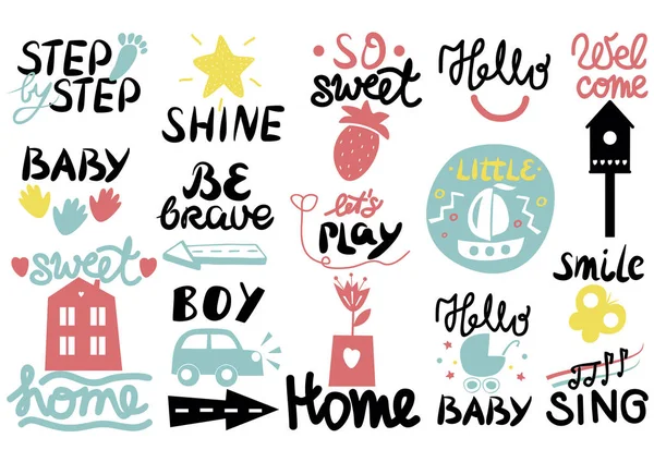 15 children s logo with handwriting Little, Hi, Step by, Smile, Hello baby, Sing, Shine, Welcome, Sweet home, Boy, Be brave, Lets play. — Stock Vector