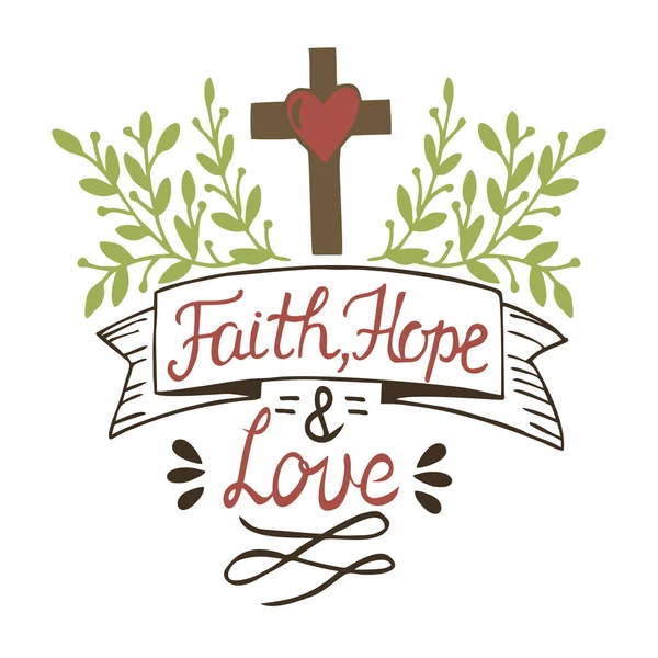 Coloring Hand lettering Faith, hope and love with cross and leaves. — Stock Vector