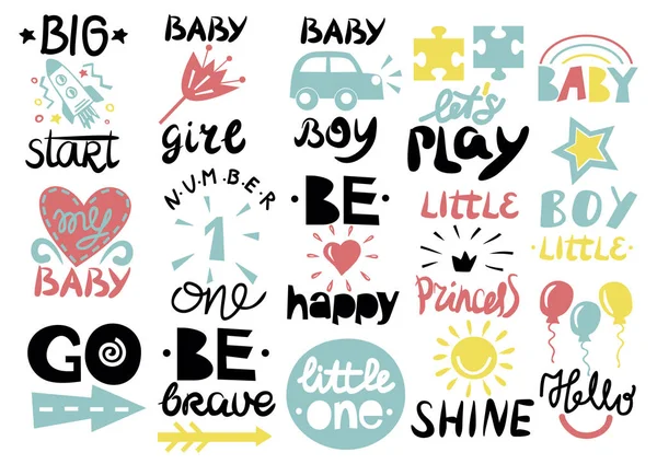 15 logo per bambini con calligrafia Piccolo, Ciao bambino, Brillare, Ragazza, Ragazzo, Sii coraggioso, felice, GO, Grande inizio, Lascia giocare — Vettoriale Stock