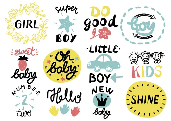 12 children s logo with handwriting Little, Girl, Boy, Hello, Oh baby, Shine, Sweet, Number two, Do good, New. — Stock Vector