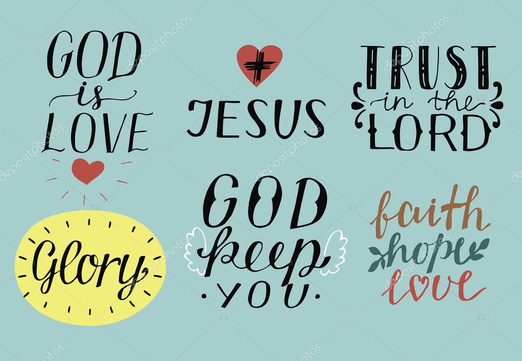 Set de 6 Letras de mano citas cristianas con símbolos Dios es amor. ¡Jesús!  Confía en el Señor. Gloria. Fe, esperanza, amor. 2023